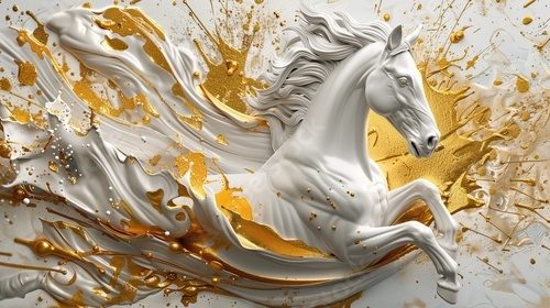 Golden Horse Splash Art Abstract Fluid Motion Dynamic Sculpture. Mural, wallpaper and background gold horse. High quality AI generated image