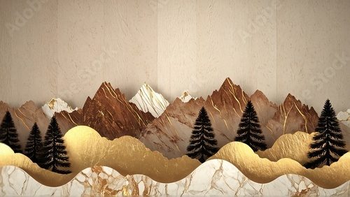 Golden mountain landscape with evergreen trees and marble waves