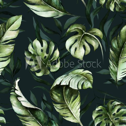 Green tropical leaves on dark background. Watercolor hand painted seamless pattern. Floral tropic illustration. Jungle foliage.