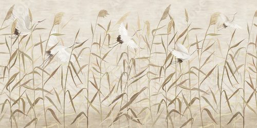 Hand-drawn reeds with flying storks. For interior printing.