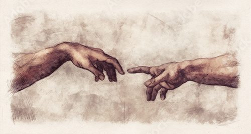 Hands reaching. Digital illustration sketch in the style of old renaissance drawings on paper.