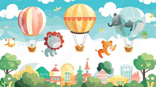 Happy cartoon animals flying on hot air balloon above