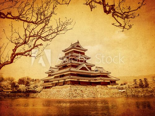 Matsumoto castle in old paper background, Japan