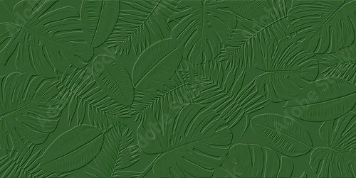 Horizontal artwork composition of trendy tropical green leaves - monstera, palm and ficus elastica isolated on white background (computer rendered).