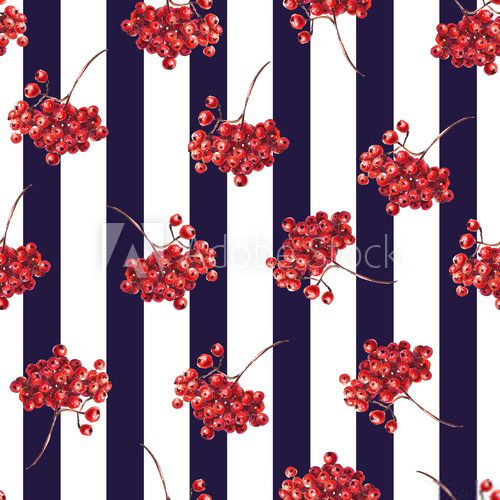 Red rowan berries pattern, striped seamless black pattern
