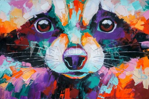 Oil raccoon portrait painting in multicolored tones. Conceptual abstract painting of a raccoon muzzle. Closeup of a painting by oil and palette knife on canvas.