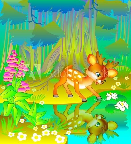 Little fawn looking at his reflection in the water. Vector cartoon image.