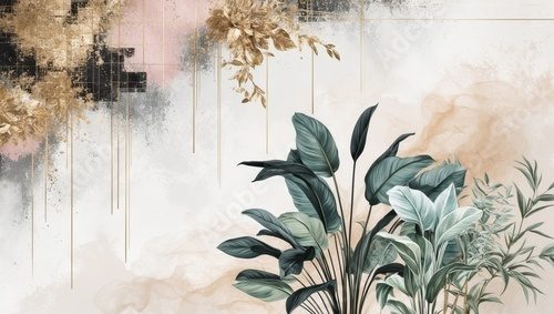 Lush greenery contrasts beautifully with delicate gold accents on a pastel canvas