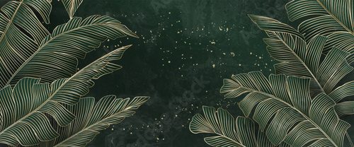 Luxury dark art background with palm leaves in golden line style hand drawn. Botanical tropical banner for decor, print, textile, packaging, interior design, cover, poster.