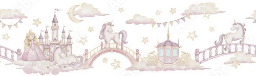 Seamless watercolor Pattern with pastel pink Unicorns and cute Princess. Illustration of Border with castle, clouds and stars for fairytale wallpaper. Background for nursery wall and children bedroom.