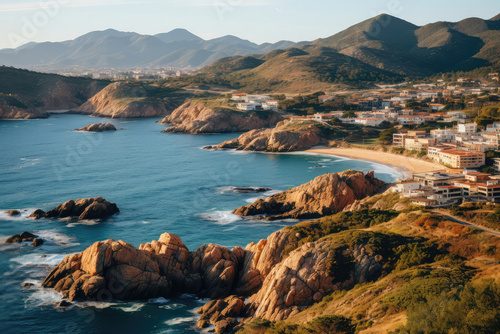 A breathtaking sunset over a secluded coastal cove, with golden hues reflecting on the calm turquoise water, creating a serene atmosphere