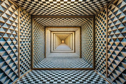 mesmerizing geometric illusion of depth featuring series of repeating patterns and textures. intricate design creates captivating visual experience that draws viewer in