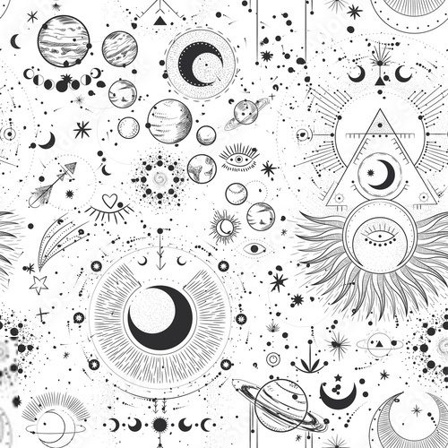 Vector illustration set of moon phases. Different stages of moonlight activity in vintage engraving style. Zodiac Signs