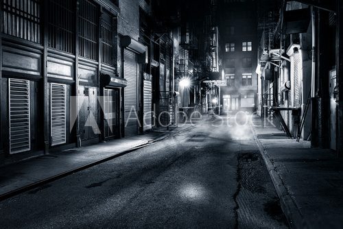 Moody monochrome view of Cortlandt Alley by night, in Chinatown, New York City