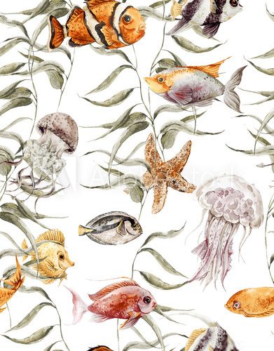 Watercolor sea life seamless pattern, underwater watercolor