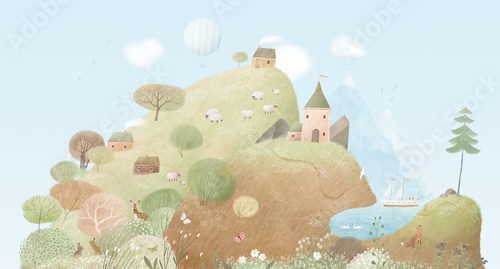 Nice landscape with hills, lake, village houses, castle. Watercolor illustration. Cute landscape for a child's room. Hand drawn illustration. Wall art.