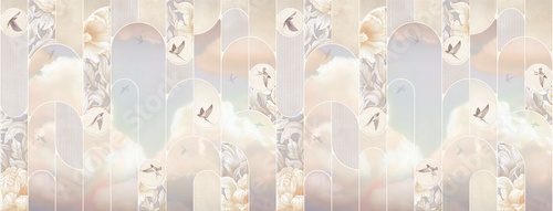 Seamless pattern design with geometric lines, watercolor drawing of sky and birds, modern luxurious background. Mural for walls. Beige colors. Frame of tropical leaves and flowers.