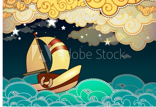 Cartoon stile ship sailing in the night