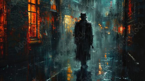 Noir Rain - Mysterious Figure in the City Shower Art