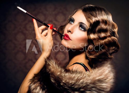 Retro Woman Portrait. Beautiful Woman with Mouthpiece