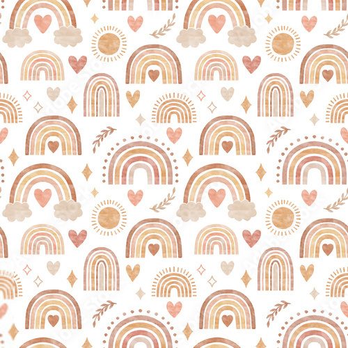 Rainbow seamless pattern in boho style with neutral brown and pink rainbow, sun, heart background elements. Boho nursery decor.
