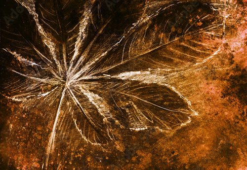 Pencil drawing on old paper, chestnut leaf and color spots on background.