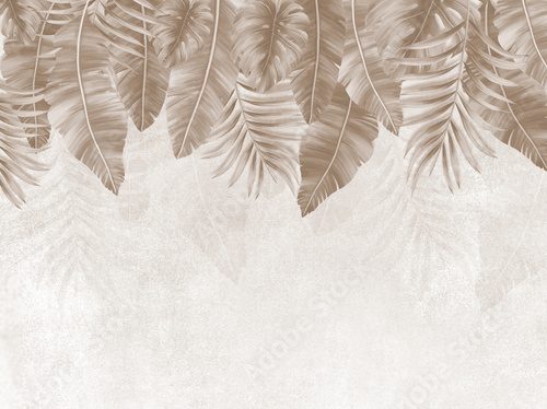 Photo wallpapers for the interior. Mural for the walls. Tropical leaves. The decor is in the grunge style.