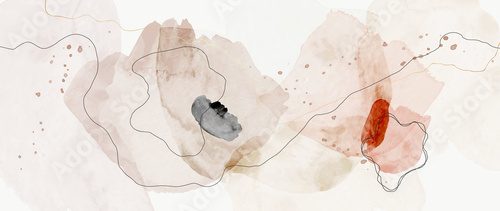 Watercolor art background vector. Wallpaper design with paint brush and gold line art. Earth tone blue, pink, ivory, beige watercolor Illustration for prints, wall art, cover and invitation cards.