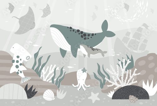 Vector illustration underwater world with cute whale, stingray, shark, octopus, shipwreck, shell. Algae and coral. Children's sea wallpaper. Animals. Kids room design, wall decor. Mural. Wall art.