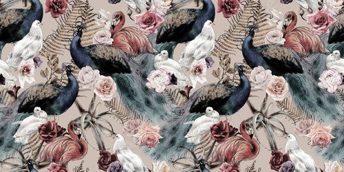 Seamless floral pattern with birds, watercolor.