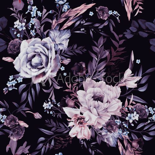 Seamless floral pattern with flowers on dark background, watercolor. Template design for textiles, interior, clothes, wallpaper. Botanical art