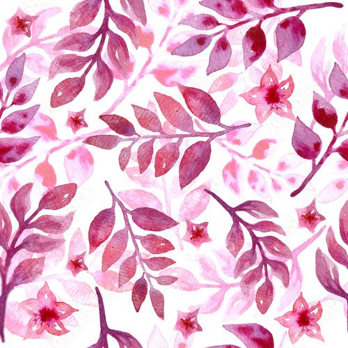 seamless hand drawn watercolor multi-layered pattern with vibrant intense bright colors on white isolated background purple violet lilac lavender pink florals leaf flower branch for textile wallpaper