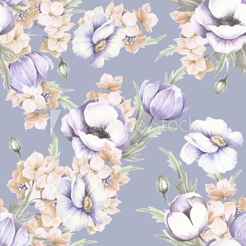 Seamless pattern with anemones. Hand draw watercolor illustration