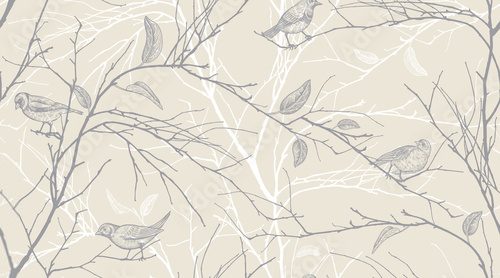 Seamless pattern with forest birds and tree branches.