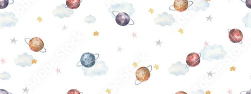 seamless pattern with space, stars, planets, cute watercolor childrens illustration