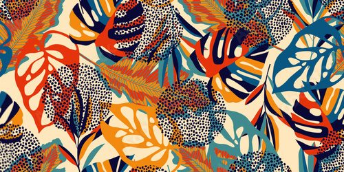 Seamless pattern with tropical plants and leaves. Floral seamless vector tropical pattern background with exotic leaves, jungle leaf. Exotic wallpaper, Hawaiian style.