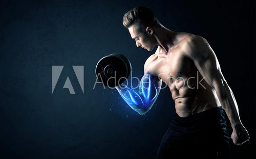 Fit athlete lifting weight with blue muscle light concept