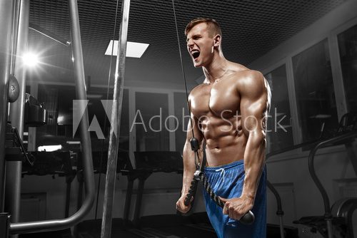 Muscular man working out in gym doing exercises at triceps, strong male naked torso abs