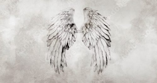 Spectacular angel wings on the wall. Illustration for wallpaper, decoration, poster, card
