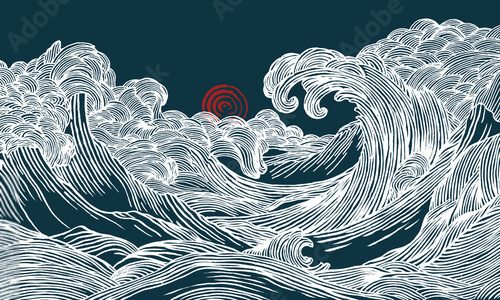 Stylized white line art waves crash under a red sun on a dark background. Hand drawn Japanese-inspired ocean illustration with traditional Ukiyo-e aesthetic.