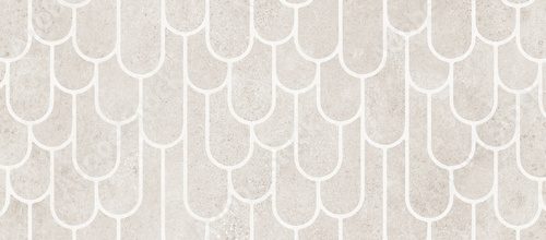 The image showcases a neutral scalloped geometric pattern with a clean, minimalist design and a textured stone-like finish.