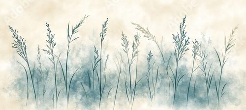 Watercolor Silhouettes Teal and Beige Hues, Elegant Minimalist Grass, Soft and Airy Style