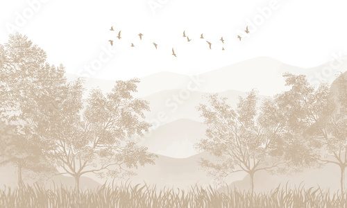 Subtle Woodland Wall Mural: Faded Sepia Trees & Abstract Nature Background