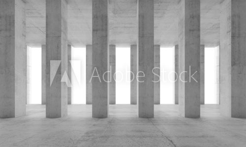 Interior with concrete columns and white windows, 3d