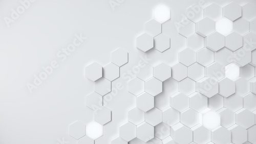 White geometric hexagonal abstract background. Surface polygon pattern with glowing hexagons, hexagonal honeycomb. Abstract white self-luminous hexagons. Futuristic abstract background 3D Illustration