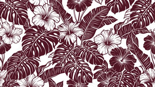 Seamless tropical pattern with burgundy monstera leaves and hibiscus flowers on a white background. Vector exotic foliage backdrop.