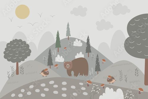 Vector hand drawn children's wallpaper in scandinavian style. Mountains and hills with trees and firs, forest animals and plants. For a children's wall.