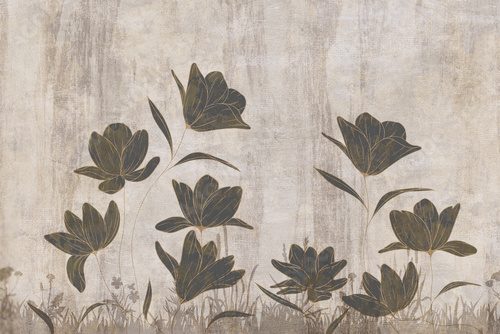 Vintage floral wall art with dark flower silhouettes, rustic textured background in beige and brown tones, elegant botanical wallpaper design