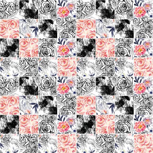 Abstract squares seamless pattern: watercolor, ink doodle flowers, leaves, weeds.
