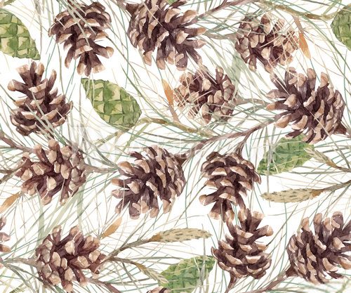 Watercolor fir cone vector pattern